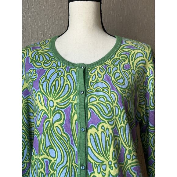Sigrid Olsen Knit Cardigan Large Green Women's Purple Floral Silk Angora Beaded - Picture 4 of 15